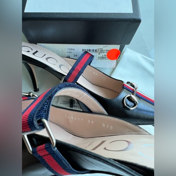 GUCCI Women's Signature Web Strap Horsebit High-Heel Leather Mules Black 39 NEW - Picture 7 of 14